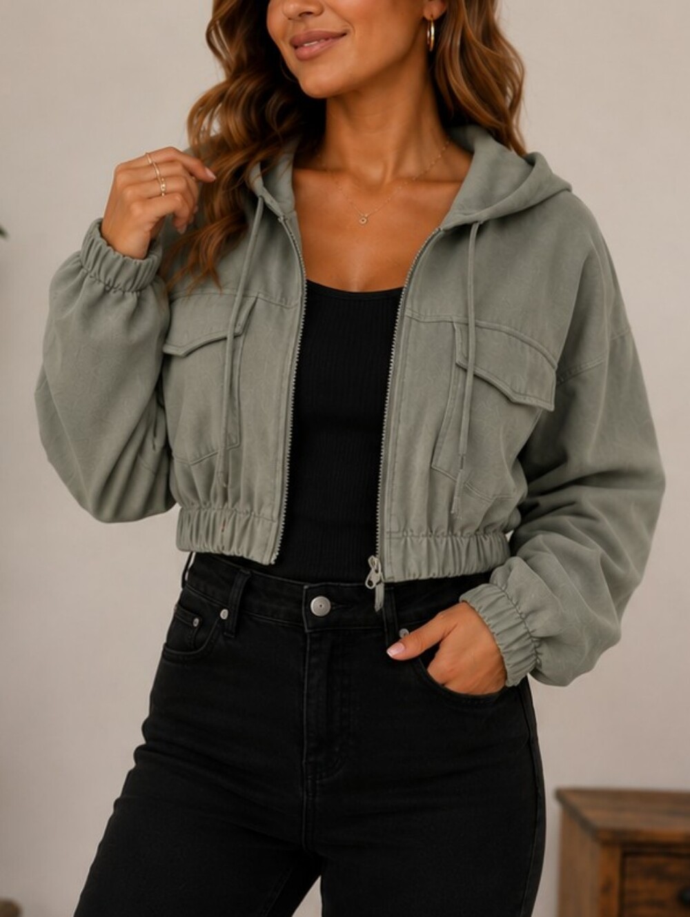 Ashley Vintage Charm Womens Cropped Hooded Jacket XL Sage Green Cotton